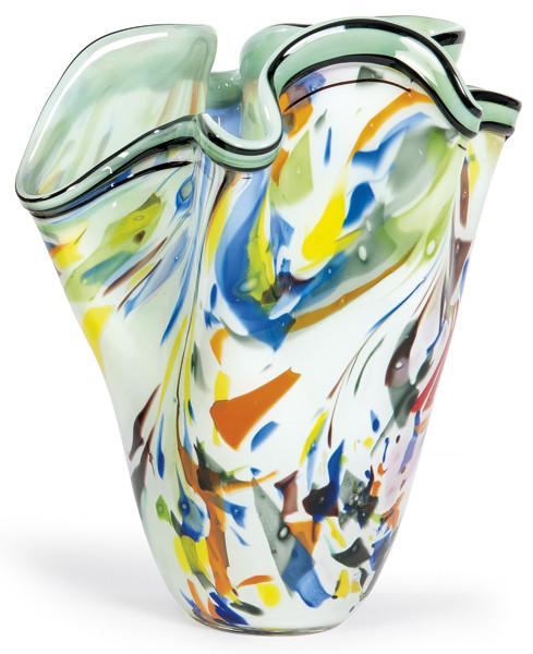  Jarrón de cristal de Murano soplado tipo fazzoletto (pañuelo) en blanco con machas de colores.