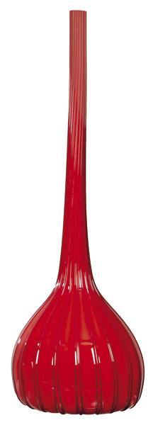  Jarrón de Murano de cuello largo rojo con estrías en relieve.
