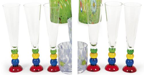  Seis copas de champán de cristal de Murano con vástago formado por bolas de colores.