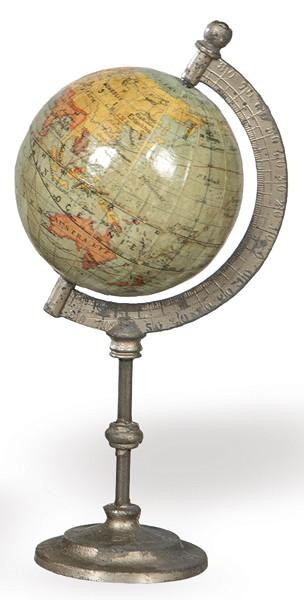  Pequeño globo terráqueo de J. Lebegue & Cie  en papier mâché con pie y arco de grados metálico, París h. 1885.