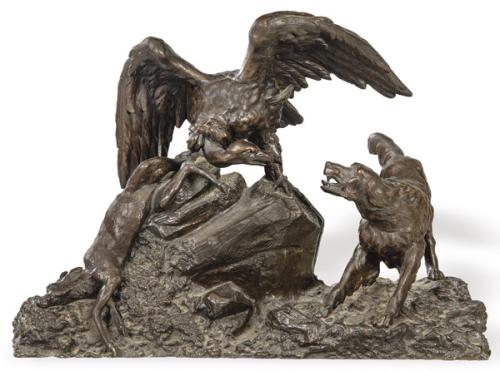 "Buitre y Perro Luchando por una Cabra" grupo en bronce patinado, primer tercio S. XX.