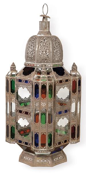  Gran farol moruno de lató y cristales de colores.