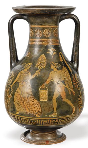  Pelike apulio de cerámica con la técnica de las figuras rojas, Magna Grecia S. IV a.C.