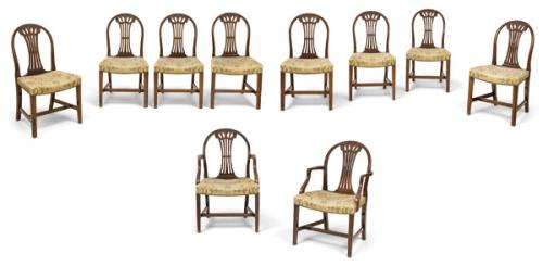  Conjunto de 8 sillas y 2 butacas Jorge III Hepplewhite, en madera de caoba con respaldo en forma de escudo