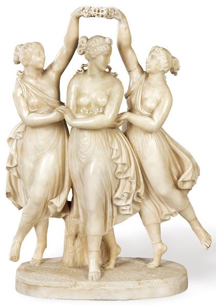  "Las Tres Gracias Danzando" grupo en alabastro tallado, Italia S. XIX.