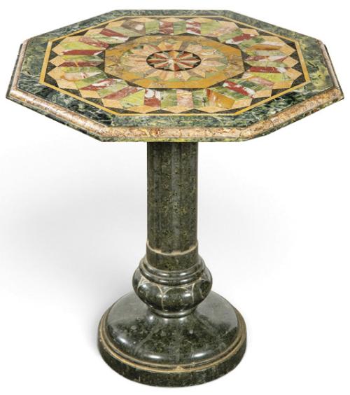  Mesa velador de mármoles de muestra. 
Tablero octogonal con composición geométrica concéntrica formada por distintas variedades de mármol