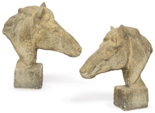  Pareja de cabezas de caballo de arenisca para jardín.