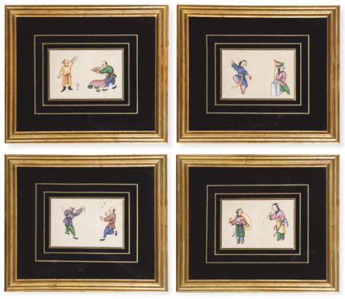  Cuatro papeles de arroz chnos pintados al guache representando personas en diversas actitudes, Dinastía Qing S. XIX.