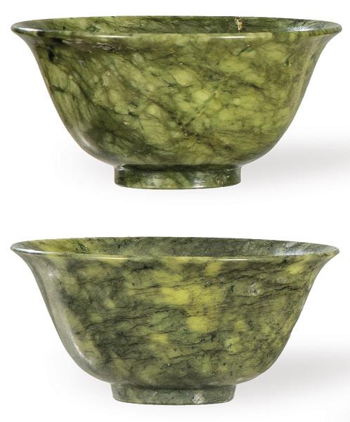  Dos cuencos de jade espinaca tallados, China Dinastía Qing pp. S. XX
