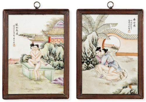  Pareja de placas eróticas de porcelana china primer tercio S. XX.